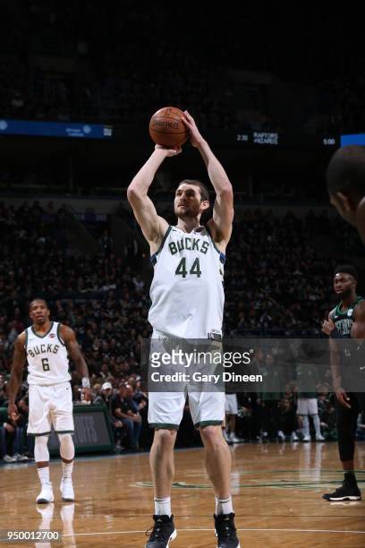 Tyler Zeller of the Milwaukee Bucks shoots the ball against the Boston Celtics in Game Four of Round One of the 2018 NBA Playoffs on April 22, 2018...