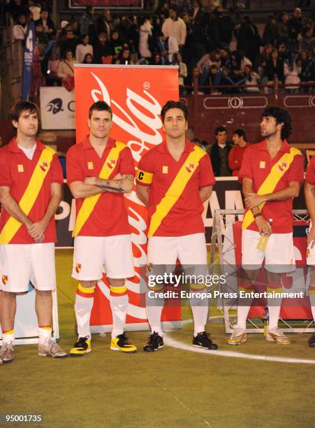 Dani Martin and David Bustamante seen playing during a charity football match between singers and ex football players on December 22, 2009 in Madrid,...