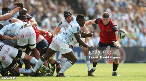 Yannick Nyanga of Racing 92 passes the ball during the European Rugby Champions Cup Semi-Final match between Racing 92 and Munster Rugby at Stade...