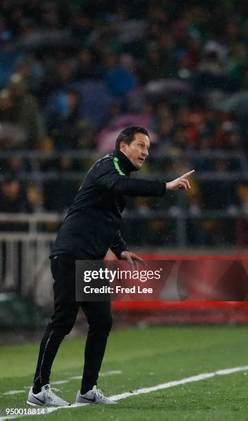 Head coach of Beijing Guoan Roger Schmidt react during 2018 China Super League match between Beijing Guoan and Guangzhou Evergrande Taobao at Beijing...