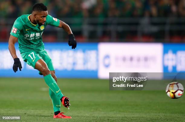 Cedric Bakambu of Beijing Guoan FC in action during 2018 China Super League match between Beijing Guoan and Guangzhou Evergrande Taobao at Beijing...