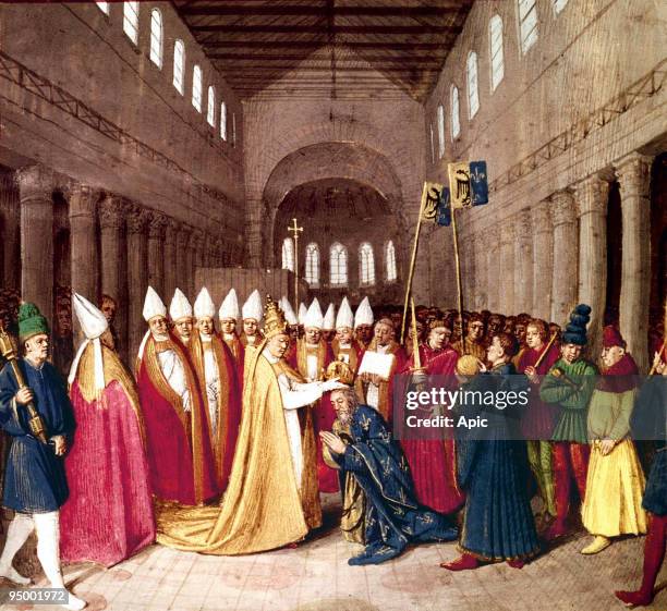 Coronation of emperor Charlemagne on december 25, 800 in Rome by pope Leo III, illumination from Grandes Chroniques de France by Jean Fouquet, c....