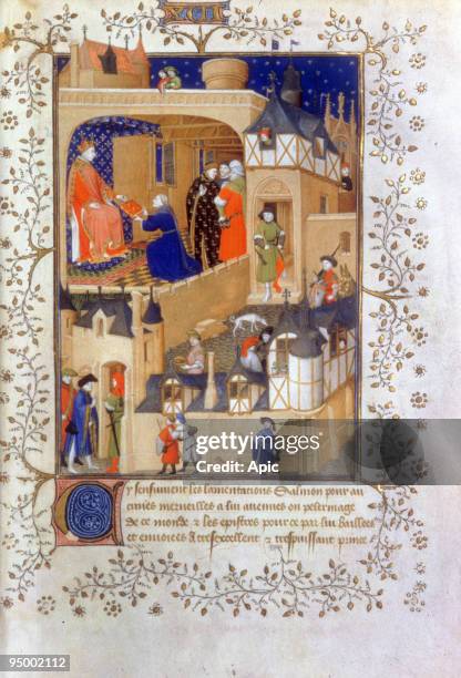 Pierre Salmon presenting his book to french king Charles VI, illumination from 'Dialogues' by Pierre Salmon