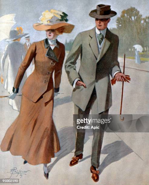 Elegant woman and man suits by High Life Tailor in Paris illustration by Prejean