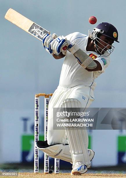 Sri Lankan cricketer Mahela Jayawardene avoids a bouncer during the first day of the second Test match between Pakistan and Sri Lanka at The P....