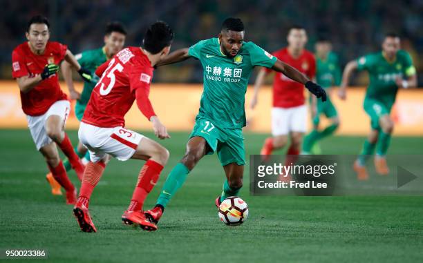 Cedric Bakambu of Beijing Guoan FC in action during 2018 China Super League match between Beijing Guoan and Guangzhou Evergrande Taobao at Beijing...