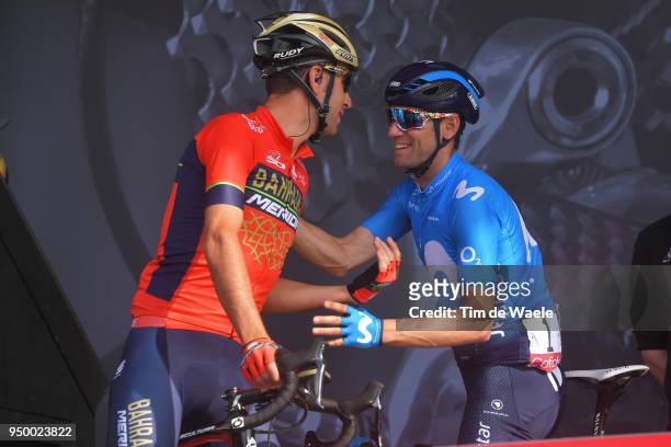 Alejandro Valverde of Spain and Movistar Team / Vincenzo Nibali of Italy and Bahrain Merida Pro Team / during the104th Liege-Bastogne-Liege 2018 a...