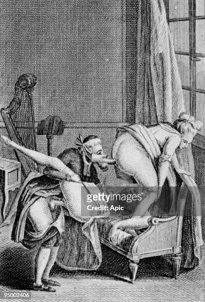 Scene of sexual orgy : a priest making love with a woman and sodomizing another one, anonymous engraving illustrating book 'Le diable au corps,...