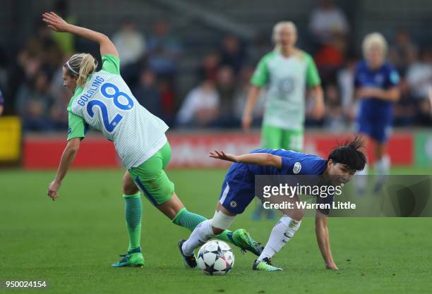 So-Yun Ji of Chelsea tackles the ball off Lena Goessling of Wolfsburg during the UEFA Womens Champions League semi-final first leg match between...