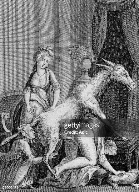 Scene of sexual orgy with an animal : zoophilia, sodomy and masturbation, anonymous engraving illustrating book 'Le diable au corps, oeuvre posthume...