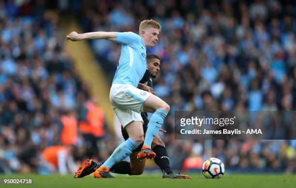 Kevin De Bruyne of Manchester City and Kyle Naughton of Swansea City during the Premier League match between Manchester City and Swansea City at...
