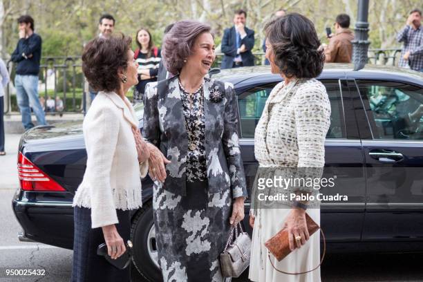 Paloma O'Shea, Queen Sofia and Ana Patricia Botin arrive to a meeting at 'Escuela Superior De Musica Reina Sofia' on April 22, 2018 in Madrid, Spain.