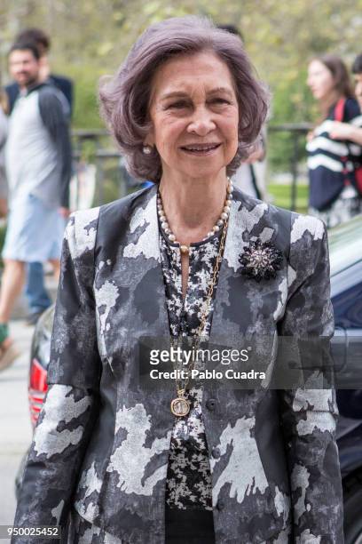 Queen Sofia arrives to a meeting at 'Escuela Superior De Musica Reina Sofia' on April 22, 2018 in Madrid, Spain.