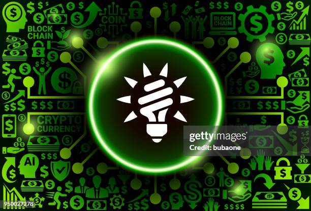 fluorescent light bulb icon on money and cryptocurrency background - laptop bright background stock illustrations
