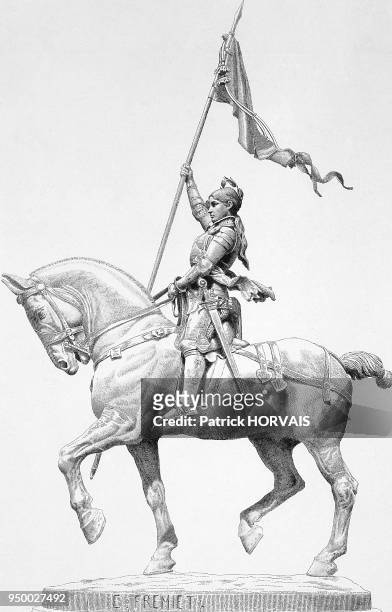 Drawing of Adrien NARGEOT representing Joan of Arc's statue realized by Emmanuel FREMIET for Place des Pyramides, Paris, in 1874. Dessin de Adrien...