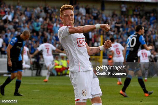 Renaud Emond forward of Standard Liege celebrates scoring a goal during the Jupiler Pro League Play - Off 1 match between Club Brugge and Standard de...