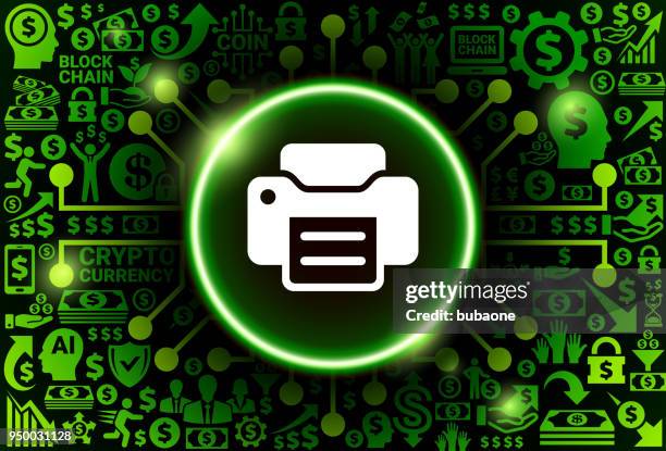 druckersymbol auf geld und kryptowährung hintergrund - money printer stock-grafiken, -clipart, -cartoons und -symbole