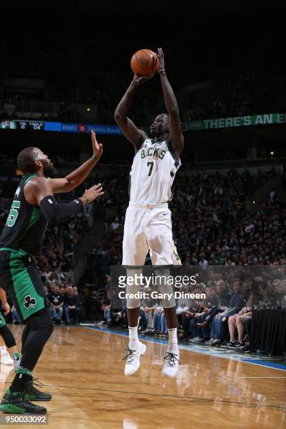 Thon Maker of the Milwaukee Bucks shoots the ball against the Boston Celtics in Game Four of Round One of the 2018 NBA Playoffs on April 22, 2018 at...