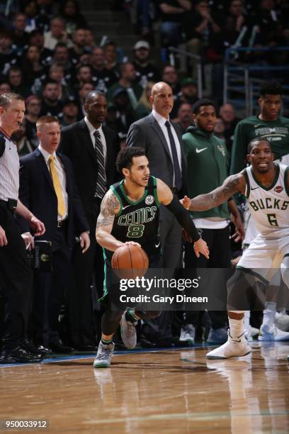 Shane Larkin of the Boston Celtics handles the ball against the Milwaukee Bucks in Game Four of Round One of the 2018 NBA Playoffs on April 22, 2018...