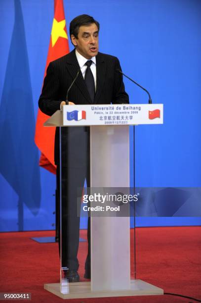 French Prime Minister Francois Fillon speaks at Beijing University on December 22, 2009 in Beijing, China. Fillon emphasised the need to progress...