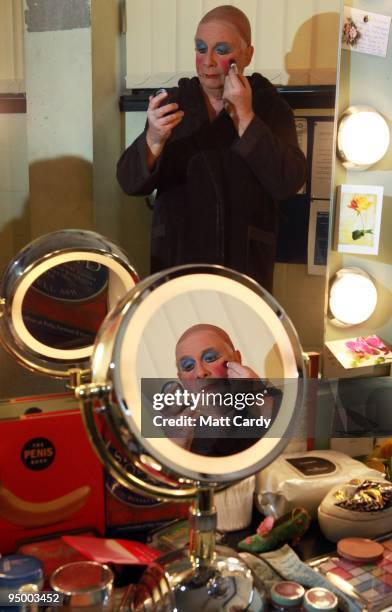 Christopher Biggins prepares for his role as panto dame Widow Twankey at the Theatre Royal Plymouth's production of Aladdin on December 22, 2009 in...