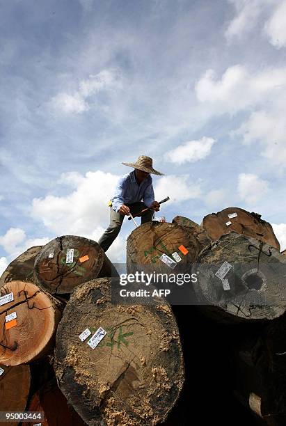 Worker marks timber logs at a concession area in the Miri interior, eastern Malaysian Borneo state of Sarawak, 11 December 2007. Wealthy countries...