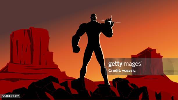 stockillustraties, clipart, cartoons en iconen met vector super schurk silhouet met valley achtergrond - villain