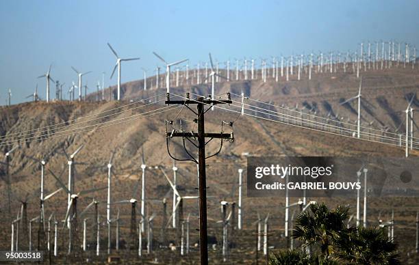 Windfarm is seen 30 December 2006 near Palm Springs, California. Increasingly popular as alternative sources of energy, wind turbine generators are a...