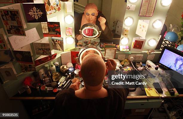 Christopher Biggins prepares for his role as panto dame Widow Twankey at the Theatre Royal Plymouth's production of Aladdin on December 22, 2009 in...