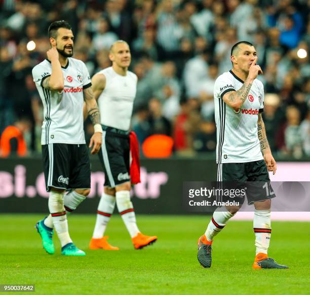 Medel and Negredo of Besiktas celebrate after winning Turkish Super Lig soccer match against Evkur Yeni Malatyaspor at Vodafone Park in Istanbul,...
