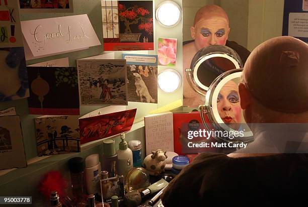Christopher Biggins prepares for his role as panto dame Widow Twankey in the Theatre Royal Plymouth's production of Aladdin on December 22, 2009 in...