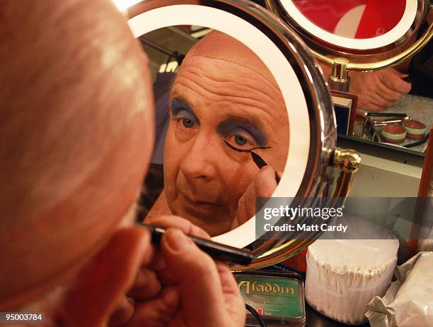 Christopher Biggins prepares for his role as panto dame Widow Twankey in the Theatre Royal Plymouth's production of Aladdin on December 22, 2009 in...