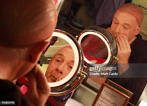 Christopher Biggins prepares for his role as panto dame Widow Twankey in the Theatre Royal Plymouth's production of Aladdin on December 22, 2009 in...