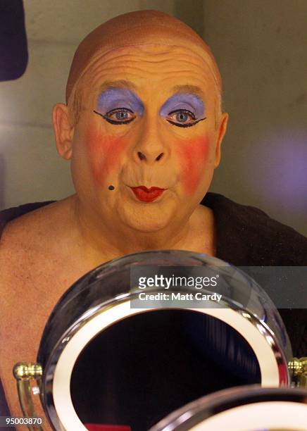 Christopher Biggins prepares for his role as panto dame Widow Twankey at the Theatre Royal Plymouth's production of Aladdin on December 22, 2009 in...