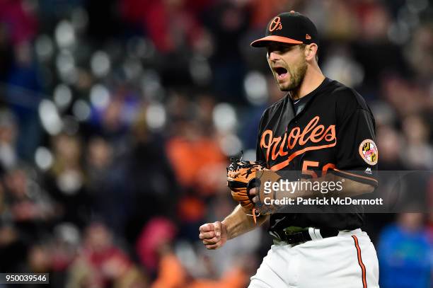 Darren O'Day of the Baltimore Orioles celebrates after the Orioles defeated the Cleveland Indians 3-1 at Oriole Park at Camden Yards on April 20,...
