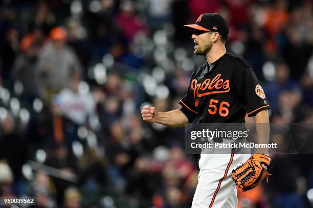 Darren O'Day of the Baltimore Orioles celebrates after the Orioles defeated the Cleveland Indians 3-1 at Oriole Park at Camden Yards on April 20,...