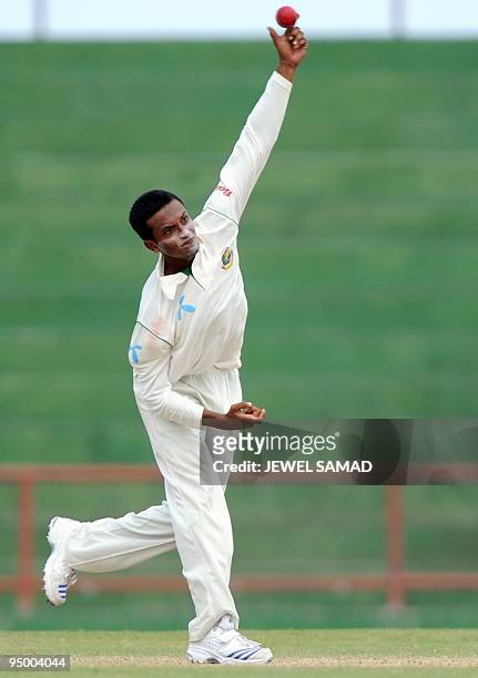 Bangladeshi bowler Shakib Al Hasan delivers the ball to West Indies cricket team captain Floyd Reifer during the final day of the first Test match...