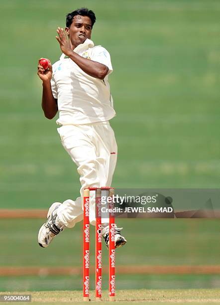 Bangladeshi bowler Rubel Hossain delivers the ball during the final day of the first Test match between West Indies and Bangladesh at the Arnos Vale...
