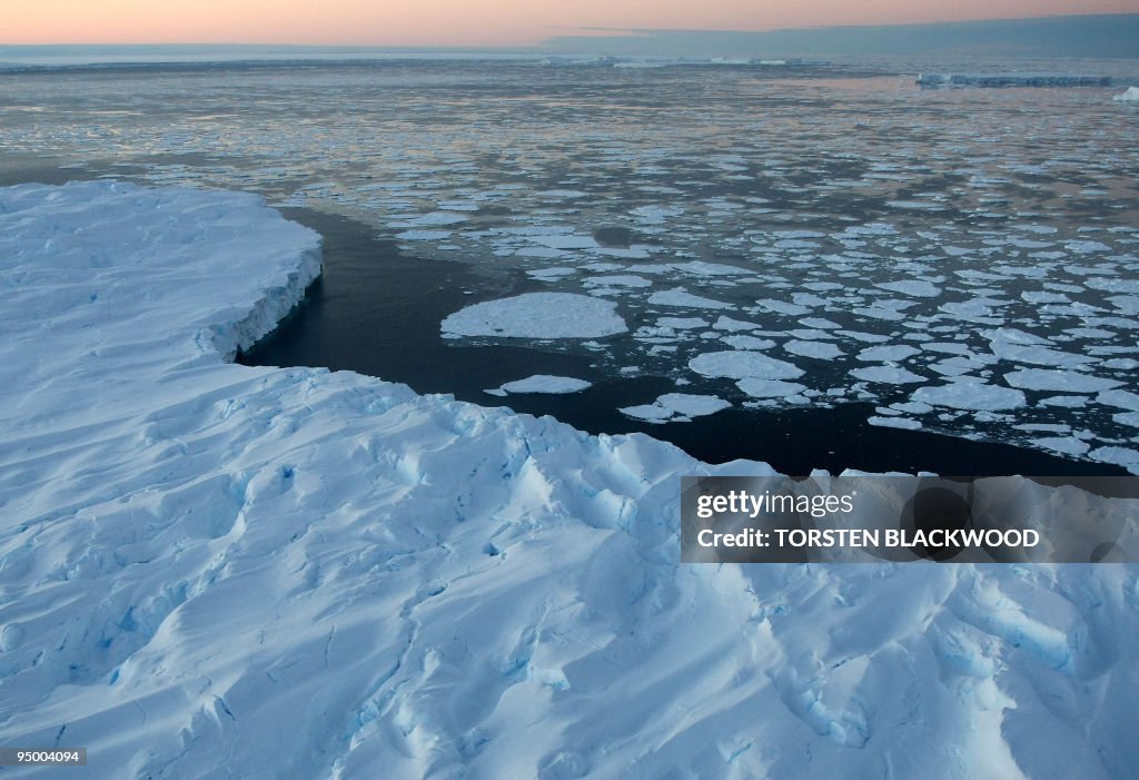 Giant tabular icebergs surrounded by ice