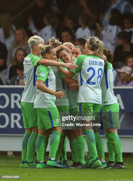 Lara Dickenmann of Wolfsburg celebrates after scoring the third goal during the UEFA Womens Champions League semi-final first leg match between...