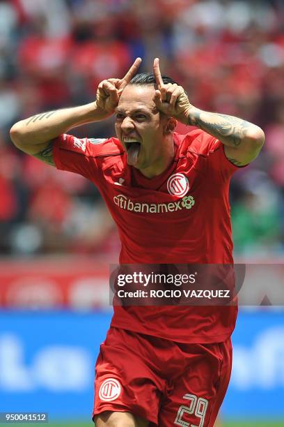 Toluca's player Rodrigo Salinas celebrates his goal against Veracruz during their 2018 Mexican Clausura tournament football match at the Nemesio Diez...