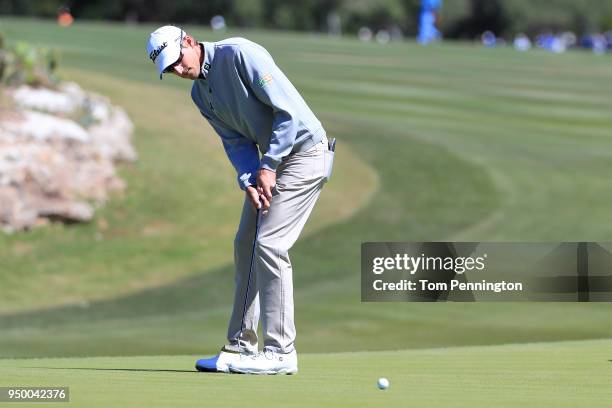 Richy Werenski putts on the first green during the final round of the Valero Texas Open at TPC San Antonio AT&T Oaks Course on April 22, 2018 in San...