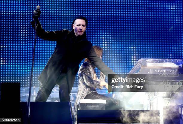 Marilyn Manson and Yoshiki of X Japan perform onstage during the 2018 Coachella Valley Music And Arts Festival at the Empire Polo Field on April 21,...