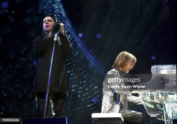 Marilyn Manson and Yoshiki of X Japan perform onstage during the 2018 Coachella Valley Music And Arts Festival at the Empire Polo Field on April 21,...