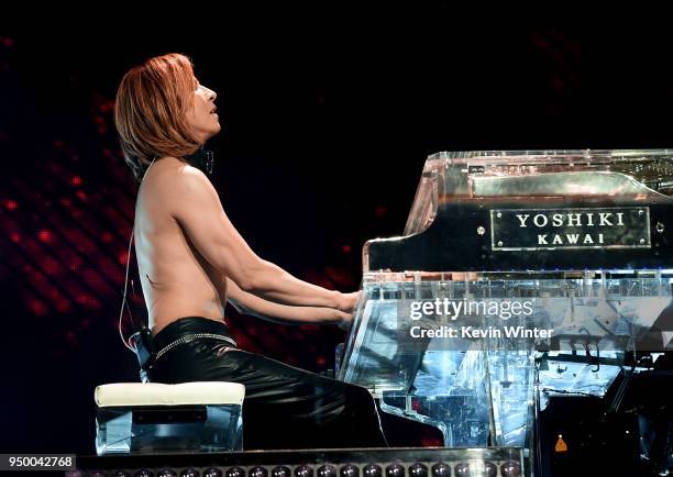 Yoshiki of X Japan performs onstage during the 2018 Coachella Valley Music And Arts Festival at the Empire Polo Field on April 21, 2018 in Indio,...