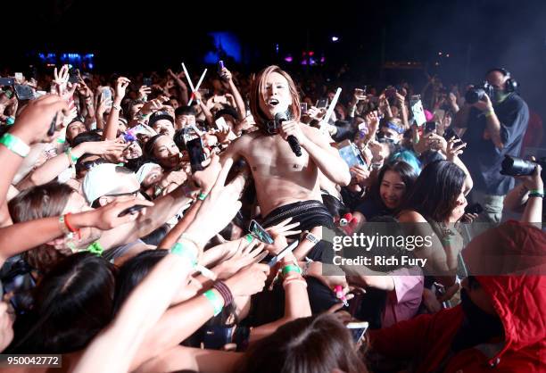 Yoshiki of X Japan performs onstage during the 2018 Coachella Valley Music And Arts Festival at the Empire Polo Field on April 21, 2018 in Indio,...