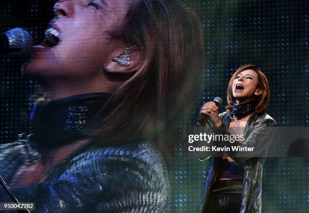 Yoshiki of X Japan performs onstage during the 2018 Coachella Valley Music And Arts Festival at the Empire Polo Field on April 21, 2018 in Indio,...