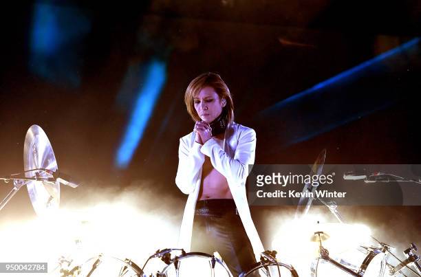 Yoshiki of X Japan performs onstage during the 2018 Coachella Valley Music And Arts Festival at the Empire Polo Field on April 21, 2018 in Indio,...