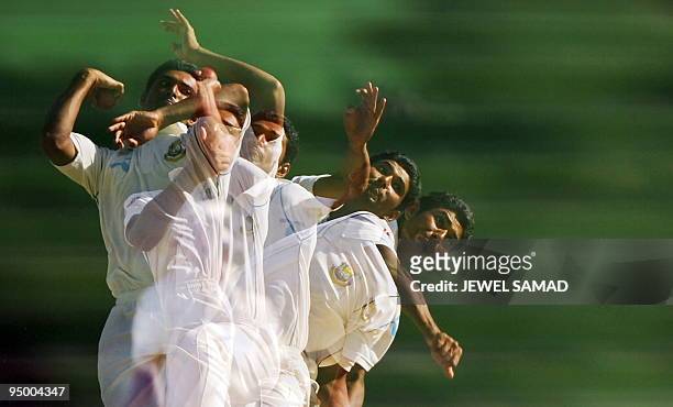 This multi-exposure pictures shows Bangladeshi cricketer Mahmudullah delivering the ball during the final day of the first Test match between West...