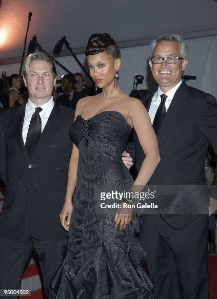 James Mischka, Tyra Banks, and Mark Badgley attend "The Model as Muse: Embodying Fashion" Costume Institute Gala at The Metropolitan Museum of Art on...